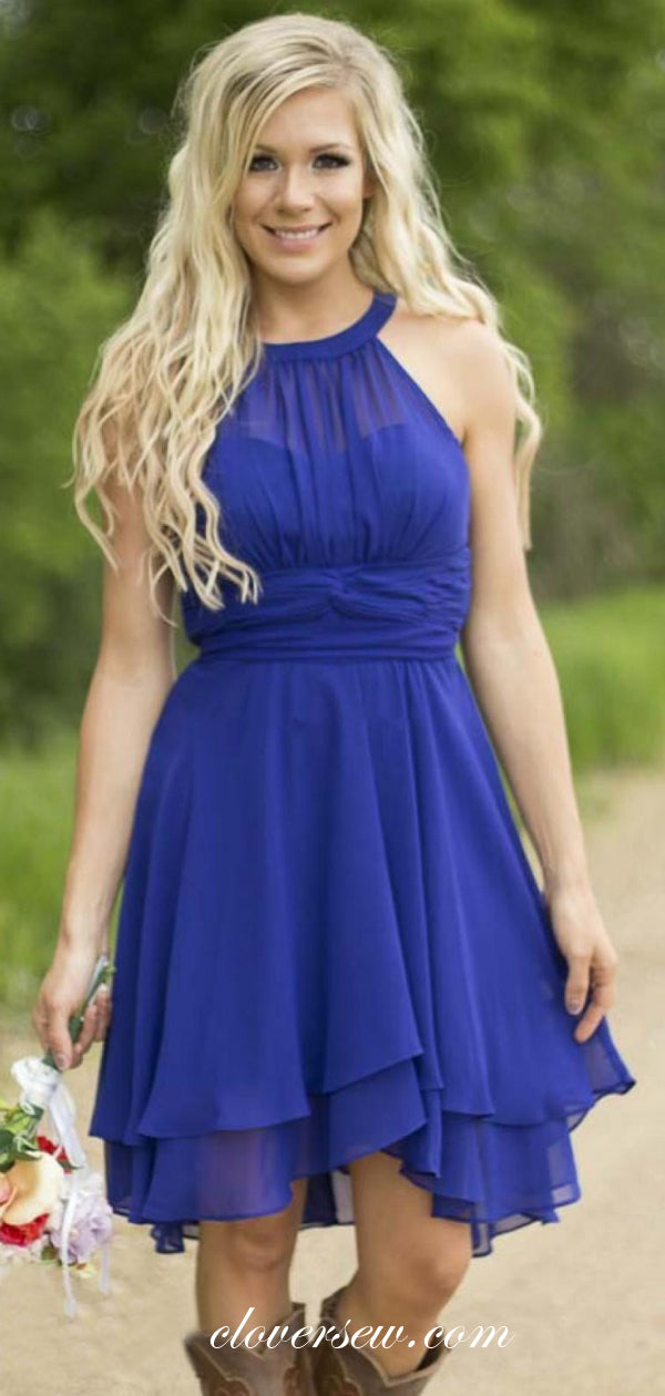 Royal Blue Chiffon Halter High Low Beach Short Bridesmaid Dresses,CB0161