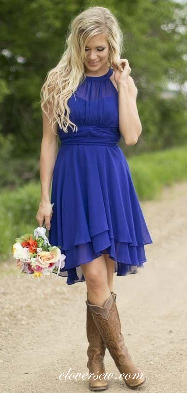 Royal Blue Chiffon Halter High Low Beach Short Bridesmaid Dresses,CB0161