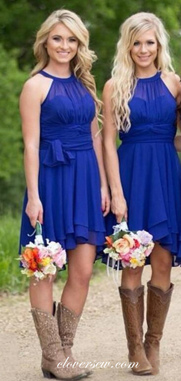 Royal Blue Chiffon Halter High Low Beach Short Bridesmaid Dresses,CB0161