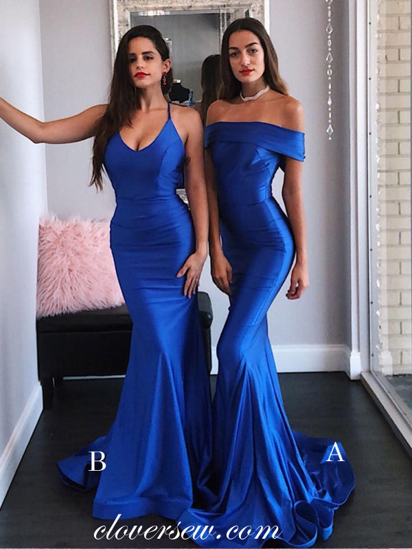 Royal Blue Elastic Satin Mismatched Mermaid Long Bridesmaid Dresses, C clover sew Royal Blue Elastic Satin Mismatched Mermaid Long Bridesmaid Dresses, C clover sew
