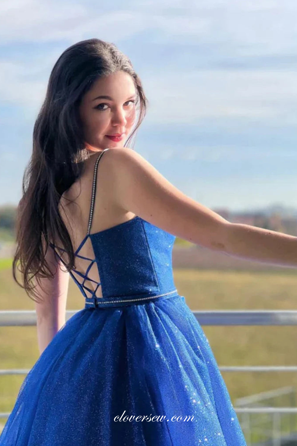 Royal Blue Glitter Tulle Lace Up Back A-line Sparkly Prom Dresses, CP1011
