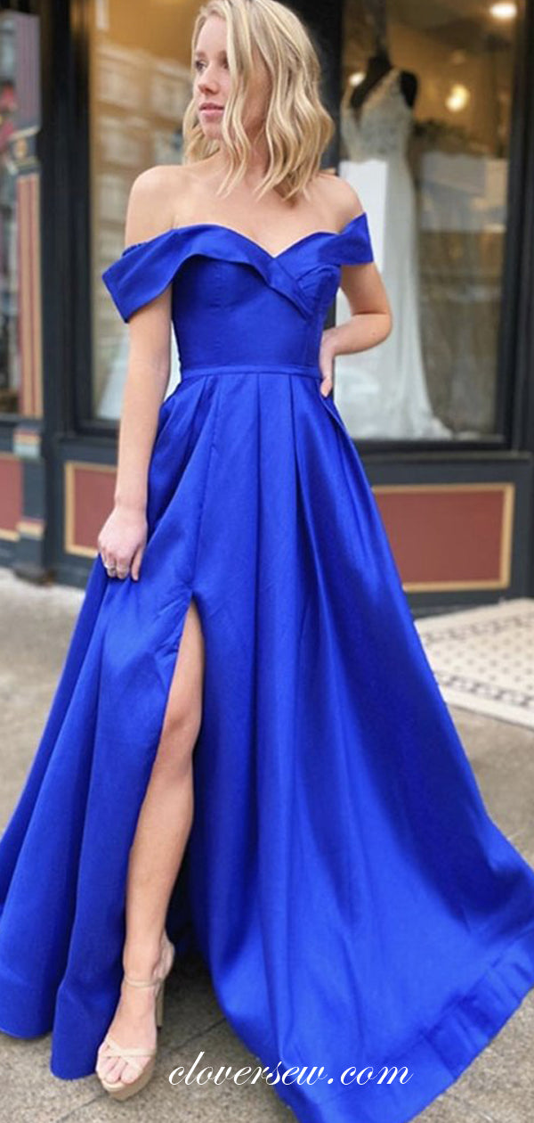 Royal Blue Off the Shoulder Side Slit A-line Prom Dresses, CP0595