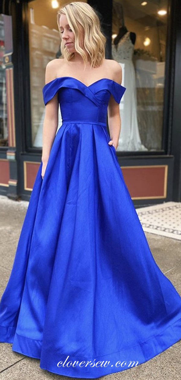 Royal Blue Off the Shoulder Side Slit A-line Prom Dresses, CP0595