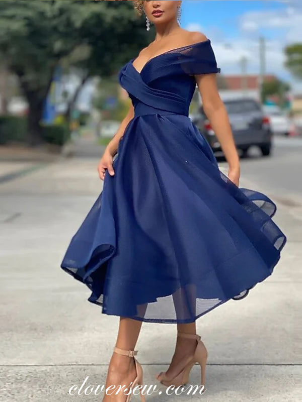 Royal Blue Organza Off The Shoulder Elegant Tea Length Prom Dresses, C clover sew Royal Blue Organza Off The Shoulder Elegant Tea Length Prom Dresses, C clover sew