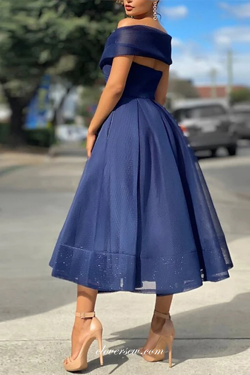 Royal Blue Organza Off The Shoulder Elegant Tea Length Prom Dresses, CP0722