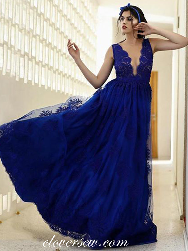 Royal Blue Lace Sleeveless V-neck A-line Prom Dresses, CP0030 clover sew Royal Blue Lace Sleeveless V-neck A-line Prom Dresses, CP0030 clover sew