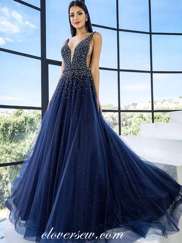 Royal Blue Tulle Bead Rhinestone Sleeveless A-line Prom Dresses,CP0293 clover sew Royal Blue Tulle Bead Rhinestone Sleeveless A-line Prom Dresses,CP0293 clover sew