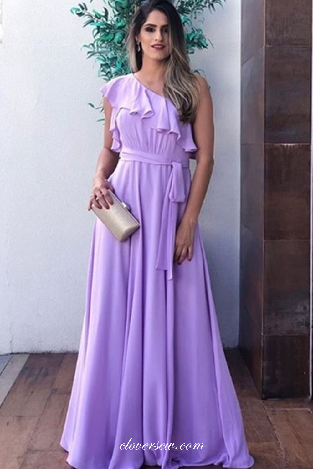 Ruffles One Shoulder Lilac Chiffon A-line Bridesmaid Dresses, CB0226
