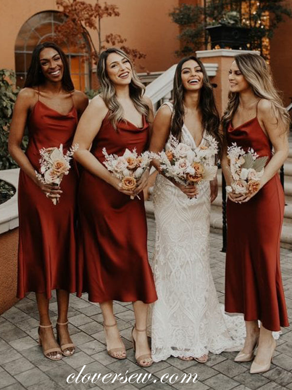 Rust Red Spaghetti Strap Open Back Tea Length Bridesmaid Dresses,CB016 clover sew Rust Red Spaghetti Strap Open Back Tea Length Bridesmaid Dresses,CB016 clover sew