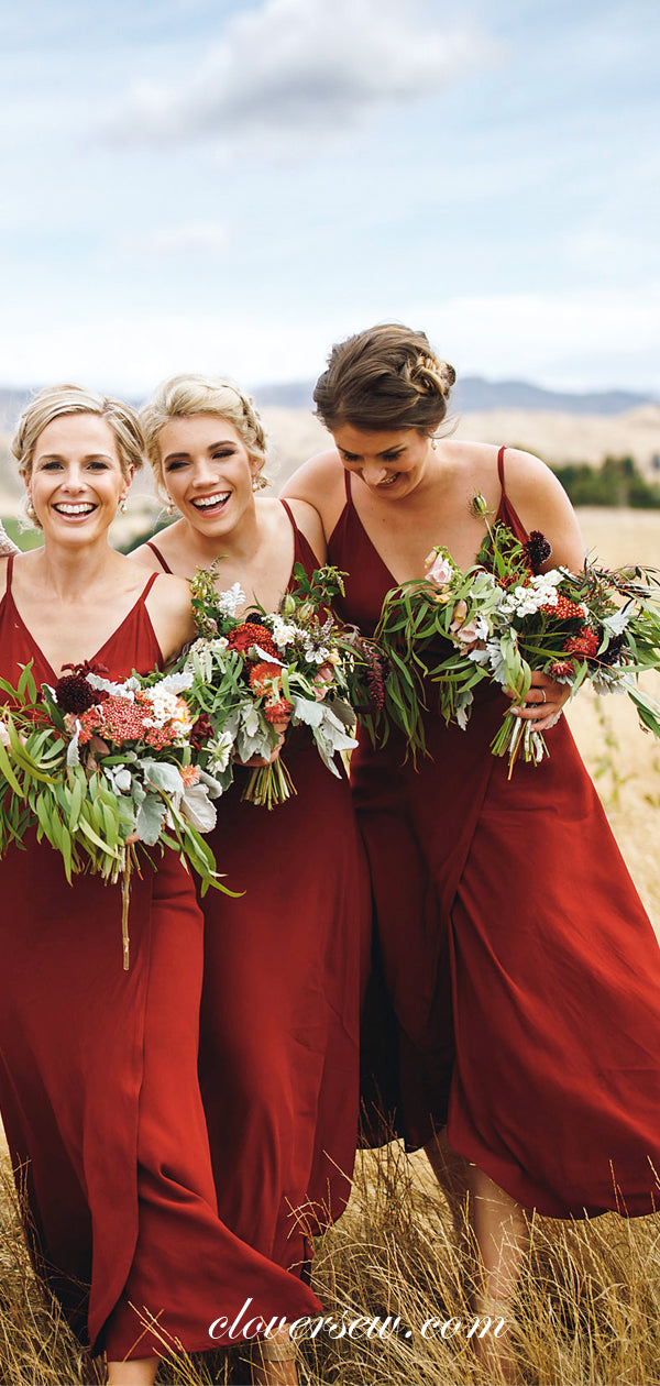 Rust Red Spaghetti Strap V-neck Column Long Bridesmaid Dresses, CB0011