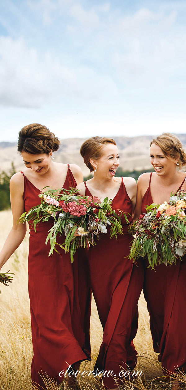 Rust Red Spaghetti Strap V-neck Column Long Bridesmaid Dresses, CB0011