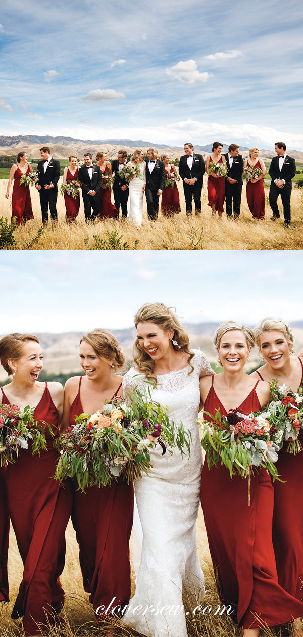 Rust Red Spaghetti Strap V-neck Column Long Bridesmaid Dresses, CB0011