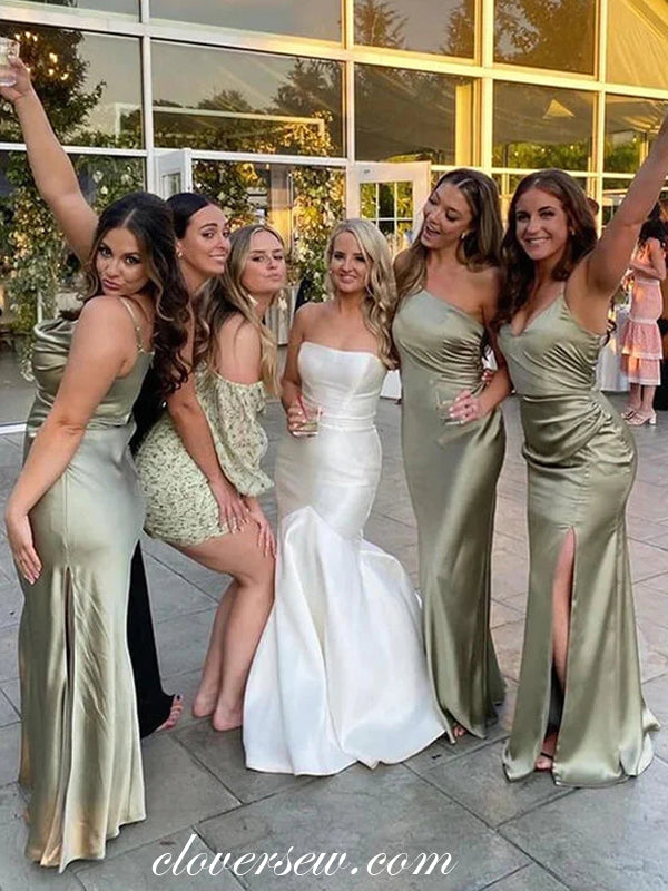 Sage Green Elastic Satin Spaghetti Strap Mismatched Long Bridesmaid Dresses, CB0280 US2 / As Pic / B Sage Green Elastic Satin Spaghetti Strap Mismatched Long Bridesmaid Dresses, CB0280 US2 / As Pic / B
