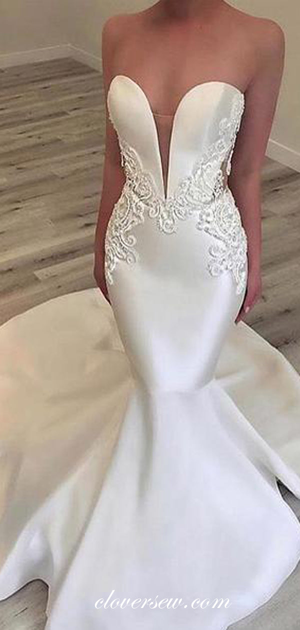 Satin Applique Sweetheart Strapless Mermaid Wedding Dresses,CW0124