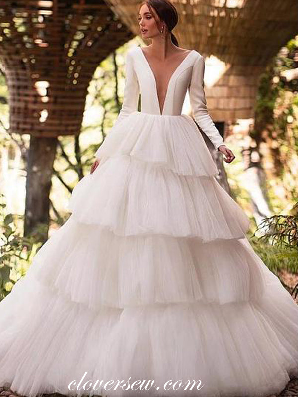Satin Long Sleeves Tiered Tulle Cake Wedding Dresses,CW0148 US4 / As Pic Satin Long Sleeves Tiered Tulle Cake Wedding Dresses,CW0148 US4 / As Pic