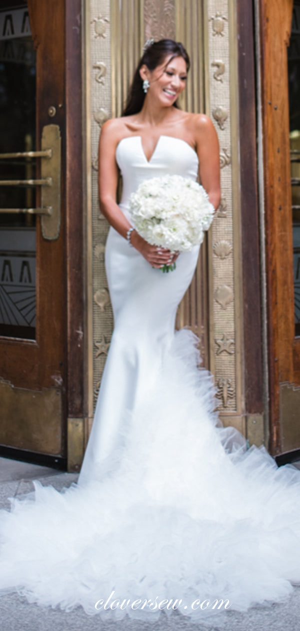 Satin Strapless Mermaid With Ruffles Tulle Train Wedding Dresses,CW0128