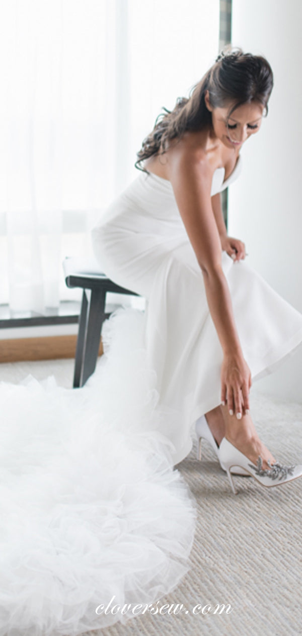 Satin Strapless Mermaid With Ruffles Tulle Train Wedding Dresses,CW0128