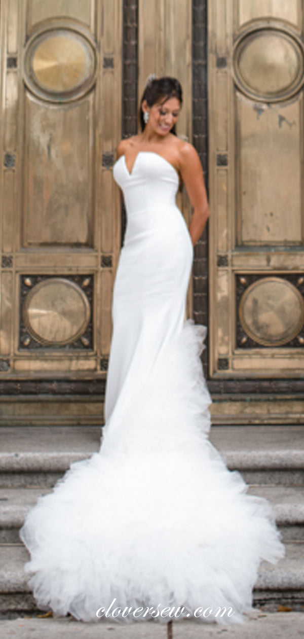 Satin Strapless Mermaid With Ruffles Tulle Train Wedding Dresses,CW0128