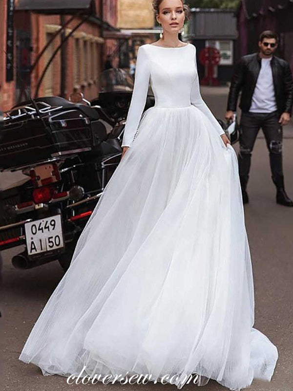 satin dress with tulle sleeves Illusion Bubble Sleeve Satin Mermaid Wedding Dress