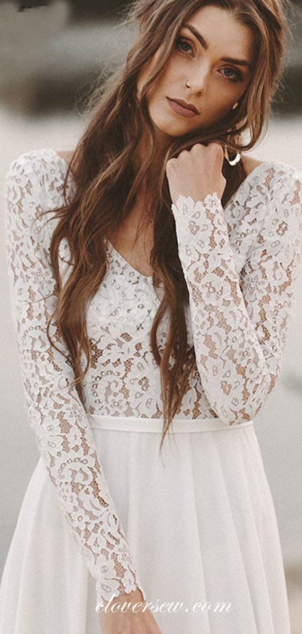 See Through Lace Top Chiffon Beach Wedding Dresses, CW0172