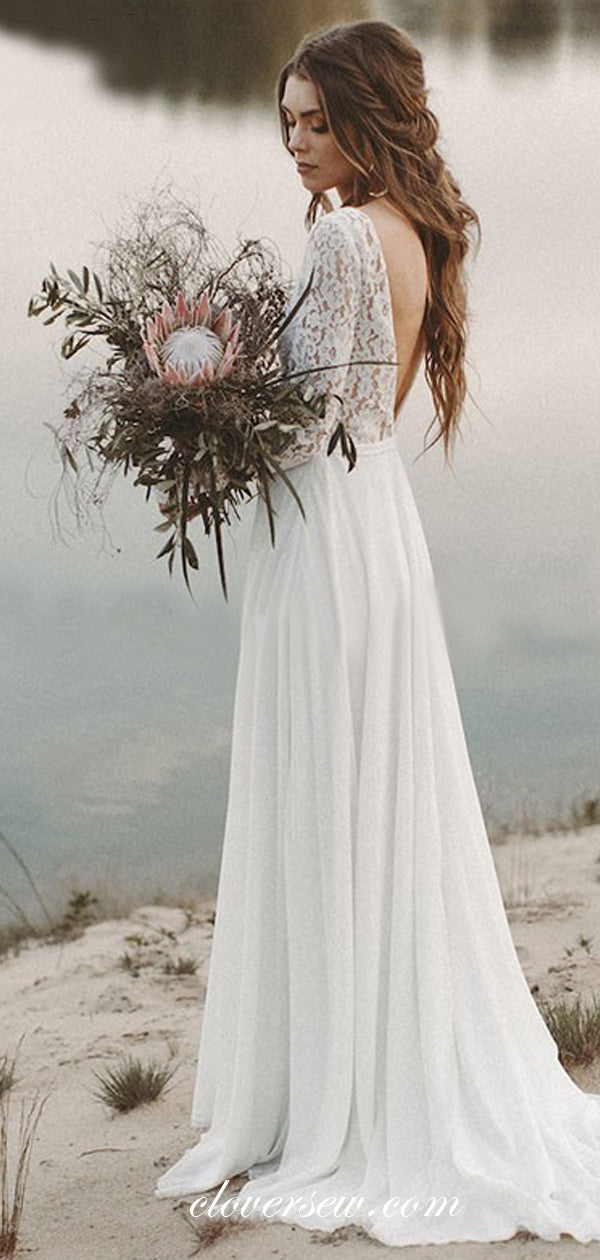 See Through Lace Top Chiffon Beach Wedding Dresses, CW0172