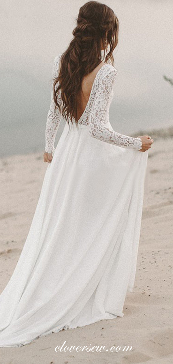 See Through Lace Top Chiffon Beach Wedding Dresses, CW0172