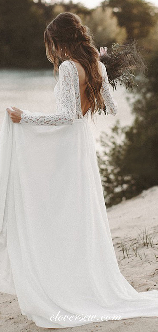 See Through Lace Top Chiffon Beach Wedding Dresses, CW0172