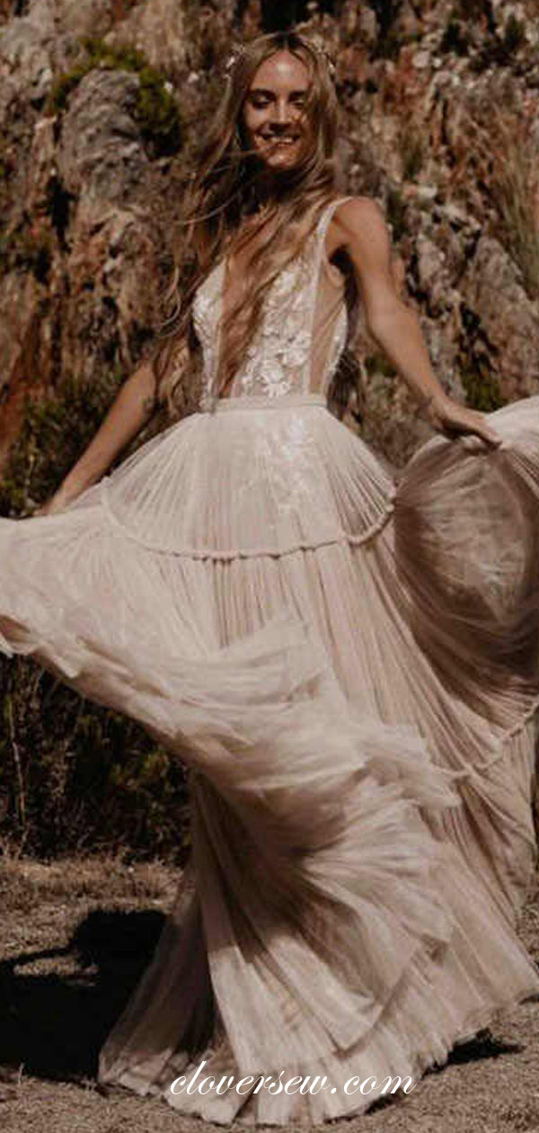See Through Lace Tulle Sleeveless A-line Boho Wedding Dresses ,CW0114