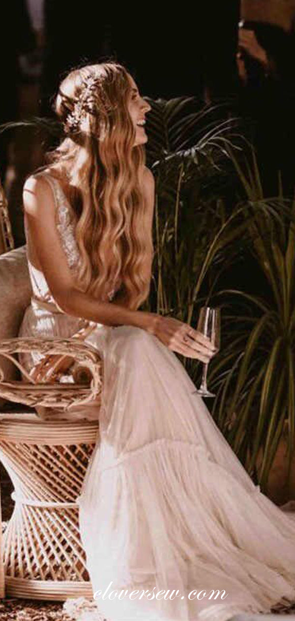 See Through Lace Tulle Sleeveless A-line Boho Wedding Dresses ,CW0114