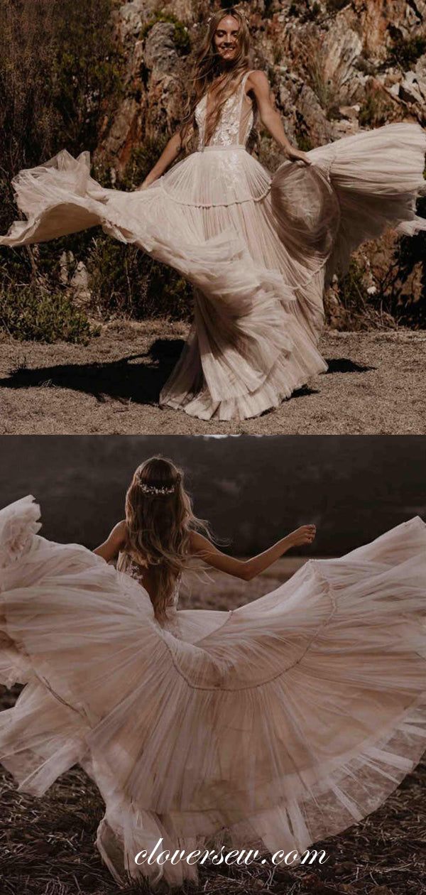 See Through Lace Tulle Sleeveless A-line Boho Wedding Dresses ,CW0114