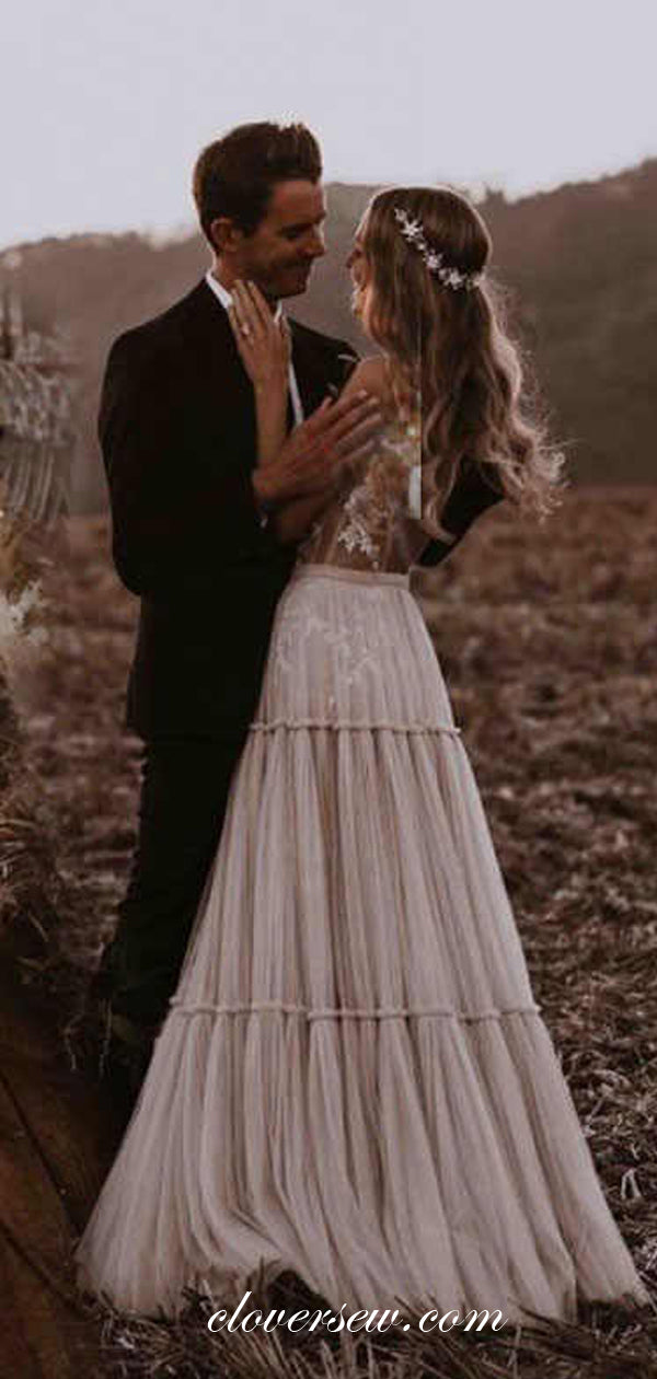 See Through Lace Tulle Sleeveless A-line Boho Wedding Dresses ,CW0114