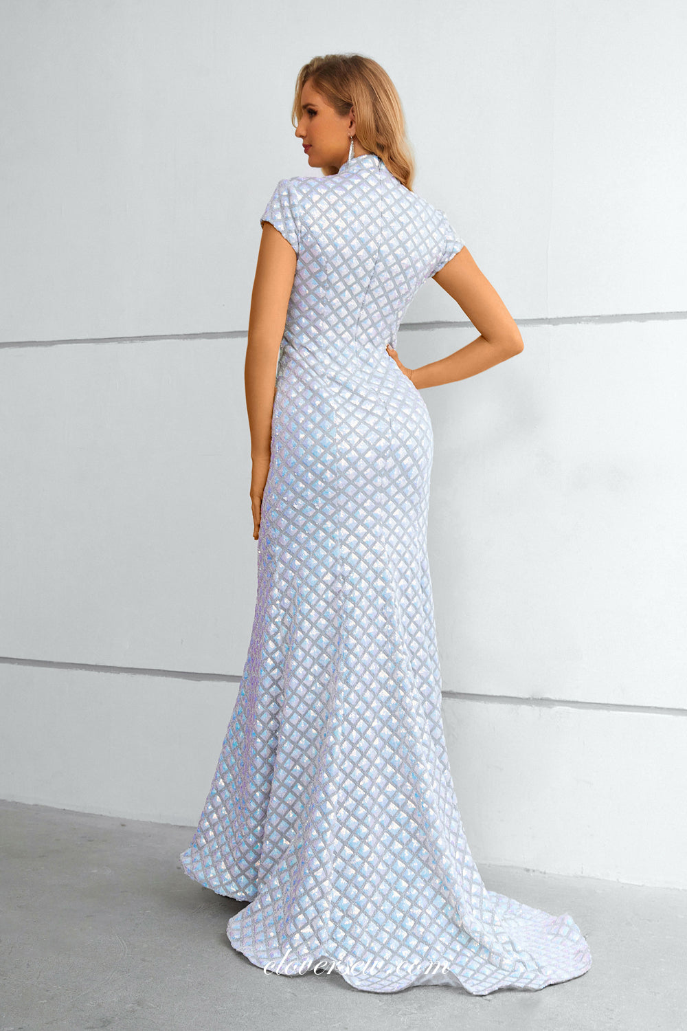 Sequined Lace Jewel Neck Short Sleeves Mermaid Elegant Formal Dresses, CP0910