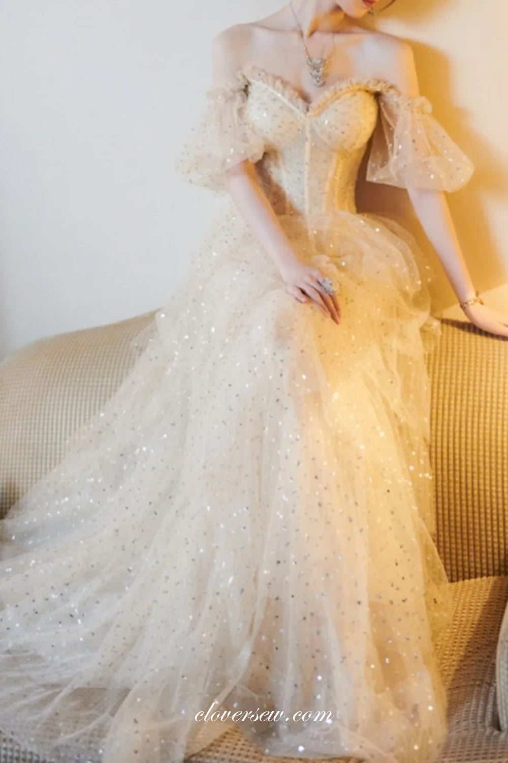 Sequined Tulle Sweetheart Off The Shoulder A-line Prom Dresses For Teens, CP0780