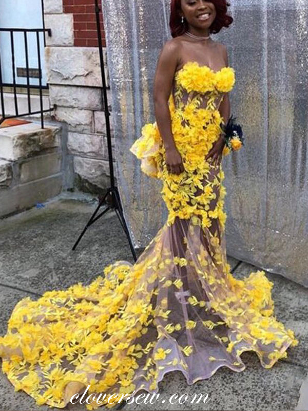 Sexy See Through Yellow Applique Sweetheart Strapless Mermaid Prom Dresses, CP0526 US8 / Custom Color(Leaving A note) Sexy See Through Yellow Applique Sweetheart Strapless Mermaid Prom Dresses, CP0526 US8 / Custom Color(Leaving A note)