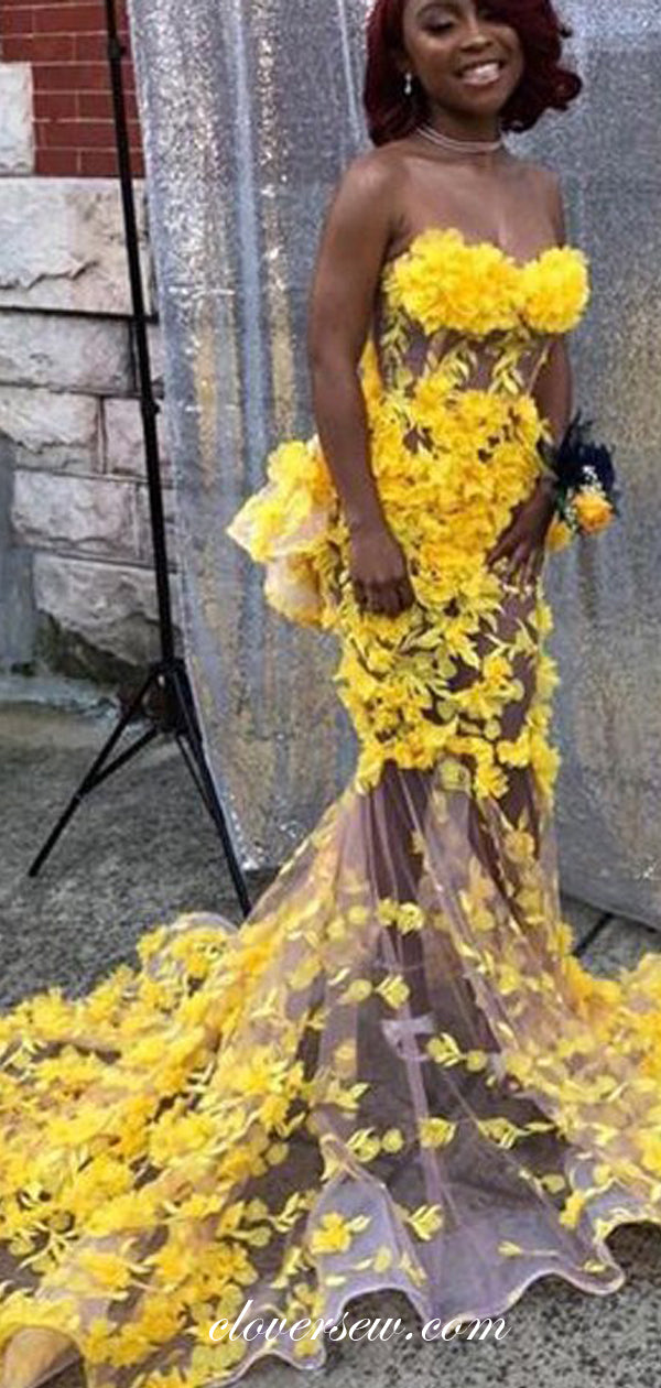 Sexy See Through Yellow Applique Sweetheart Strapless Mermaid Prom Dresses, CP0526