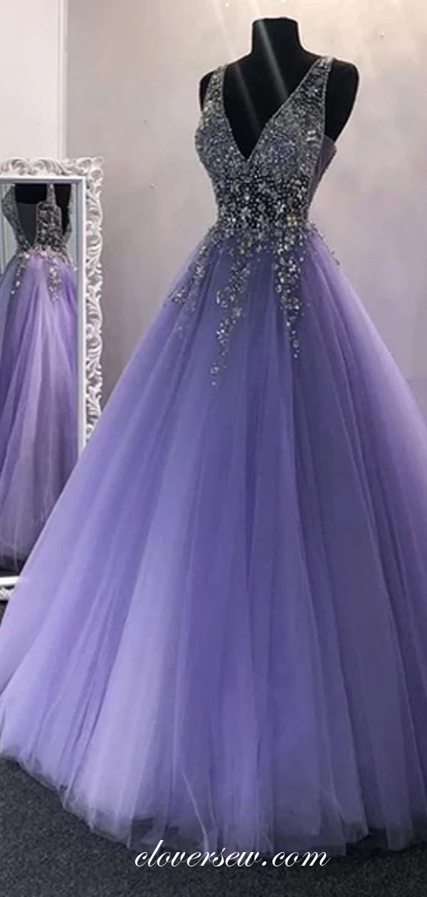 Shiny Bead Applique Lavender Tulle See Through Prom Dresses, CP0535