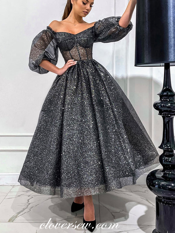 Shiny Black Puffy Sleeves Off The Shoulder Ankle Length Evening Dresses, CP0846 Shiny Black Puffy Sleeves Off The Shoulder Ankle Length Evening Dresses, CP0846