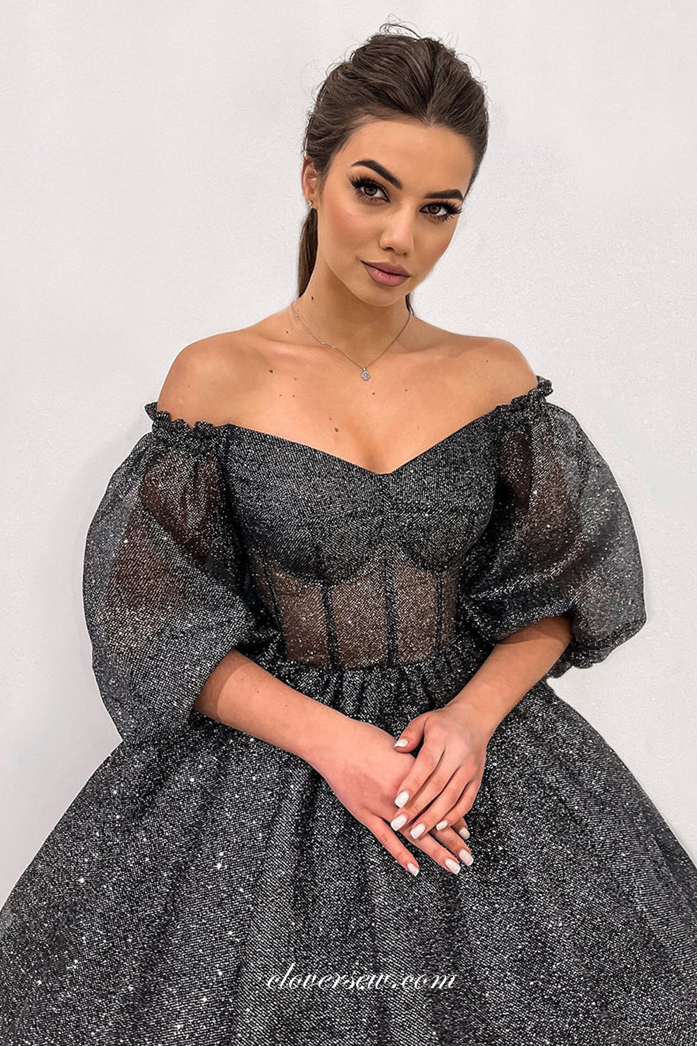 Shiny Black Puffy Sleeves Off The Shoulder Ankle Length Evening Dresses, CP0846