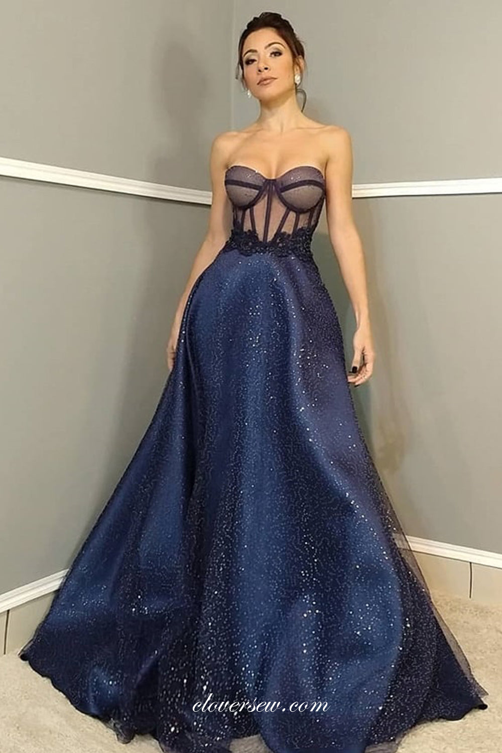 Shiny Navy Sweetheart Strapless Illusion Formal Dresses, CP0680