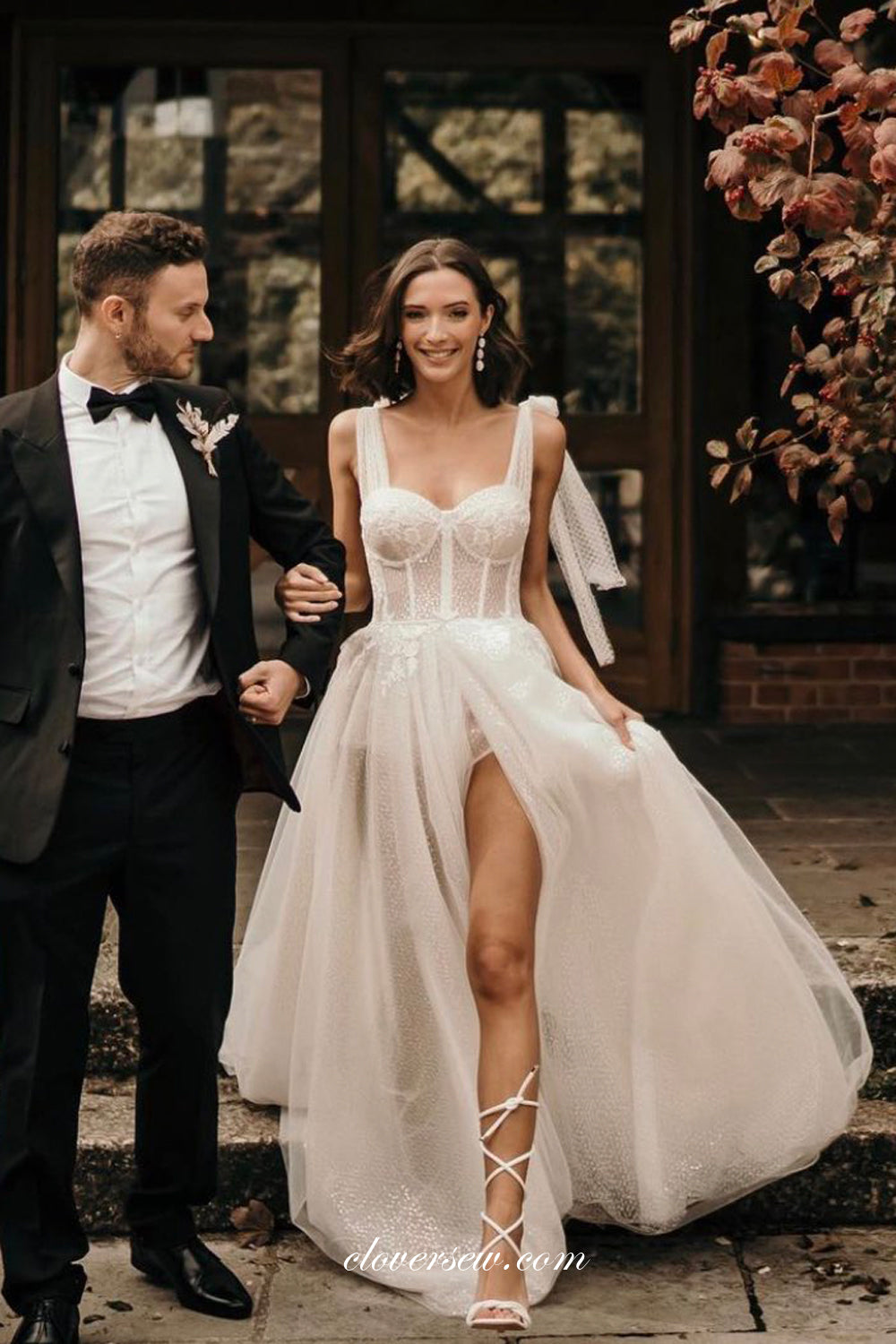 Shiny Sequined Tulle Applique Sweetheart Slit Charming Wedding Dresses, CW0304