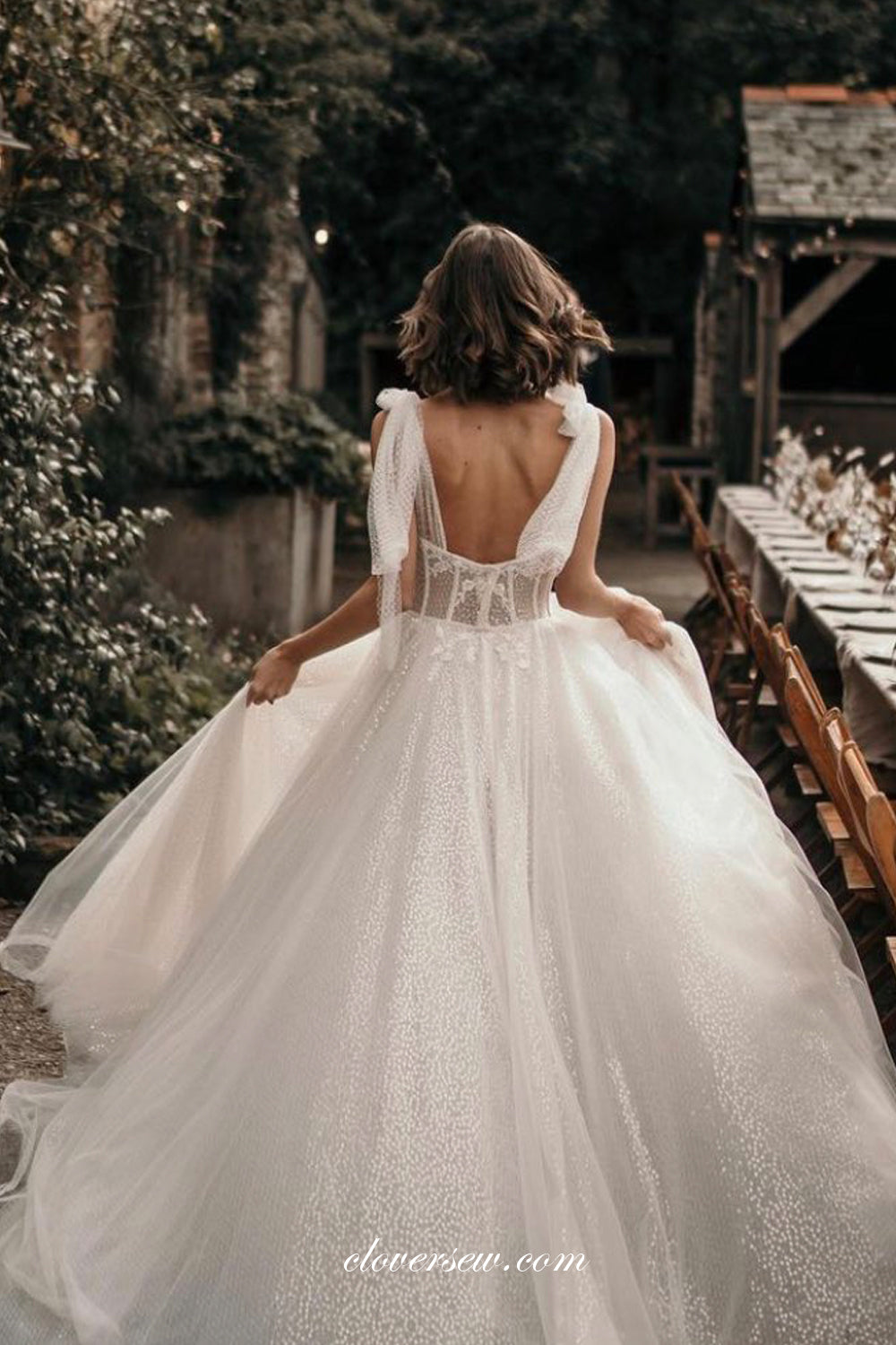 Shiny Sequined Tulle Applique Sweetheart Slit Charming Wedding Dresses, CW0304