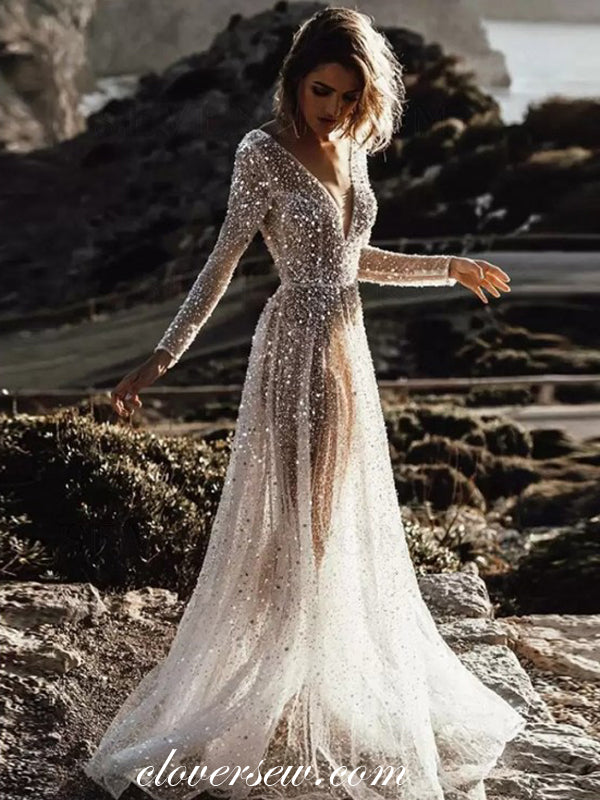 Shiny Sequined Tulle Long Sleeves See Through Beach Wedding Dresses, CW0302 Custom Size(Leaving A note) / Custom Color(Leaving A note) Shiny Sequined Tulle Long Sleeves See Through Beach Wedding Dresses, CW0302 Custom Size(Leaving A note) / Custom Color(Leaving A note)