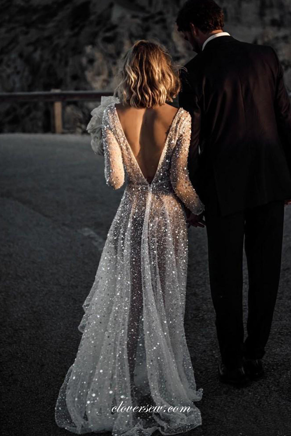 Shiny Sequined Tulle Long Sleeves See Through Beach Wedding Dresses, CW0302
