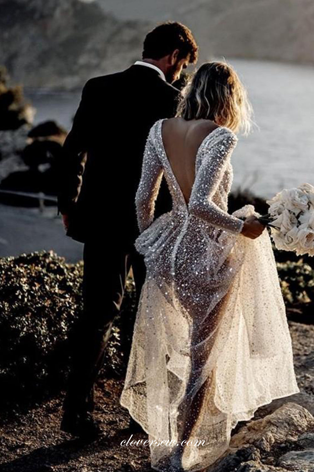 Shiny Sequined Tulle Long Sleeves See Through Beach Wedding Dresses, CW0302