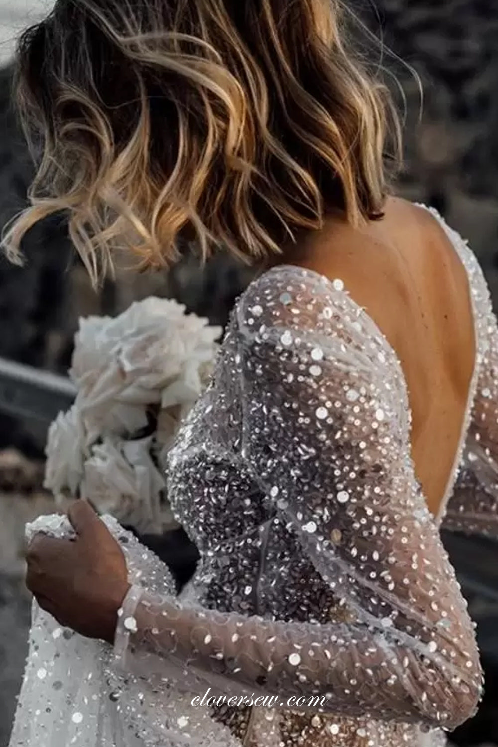 Shiny Sequined Tulle Long Sleeves See Through Beach Wedding Dresses, CW0302