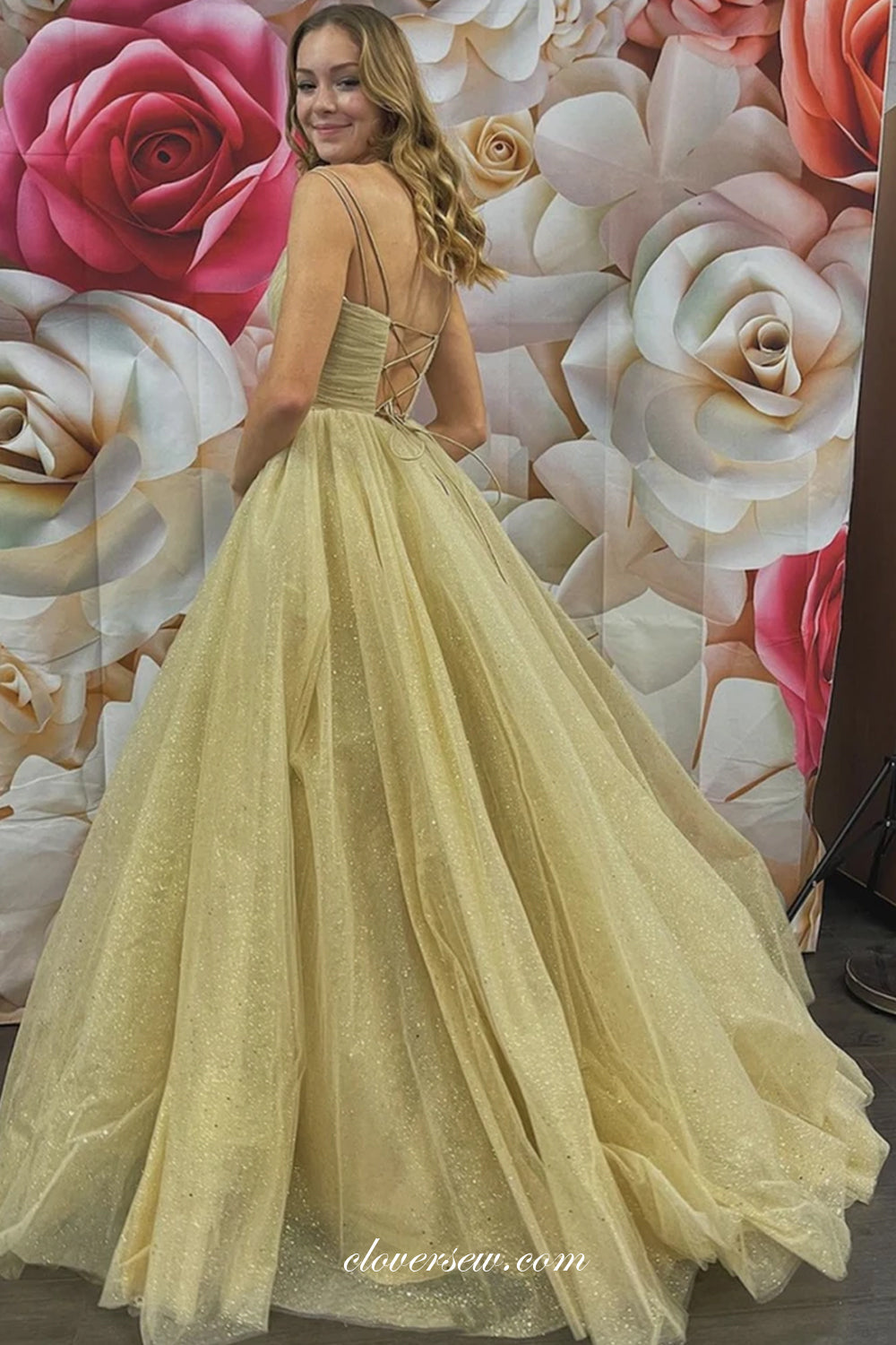 Shiny Sequined Tulle Spaghetti Strap Lace Up Back Prom Dresses, CP0758