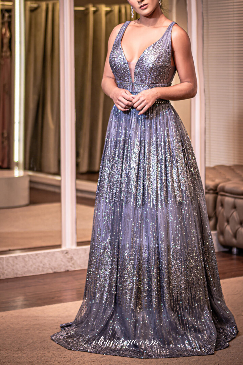 Shiny Sequined Tulle V-neck Backless Sleeveless A-line Prom Dresses, CP0713