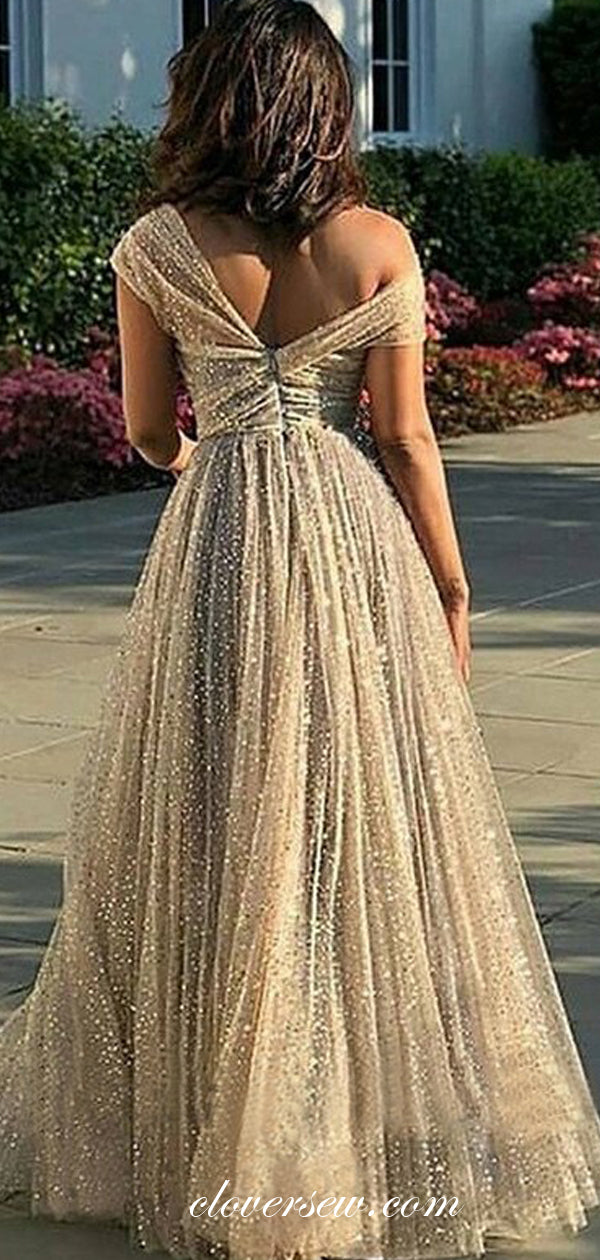 Shiny Gold Sequin Tulle Off The Shoulder A-line Prom Dresses,CP0441