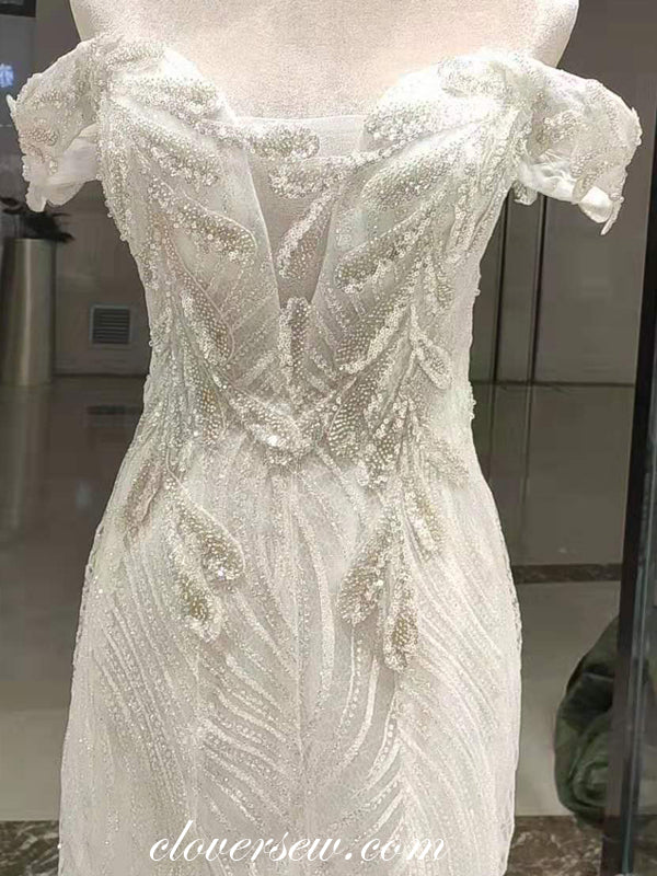 Shiny Sequined Tulle Lace Applique Off The Shoulder Mermaid Wedding Dresses,CW0086