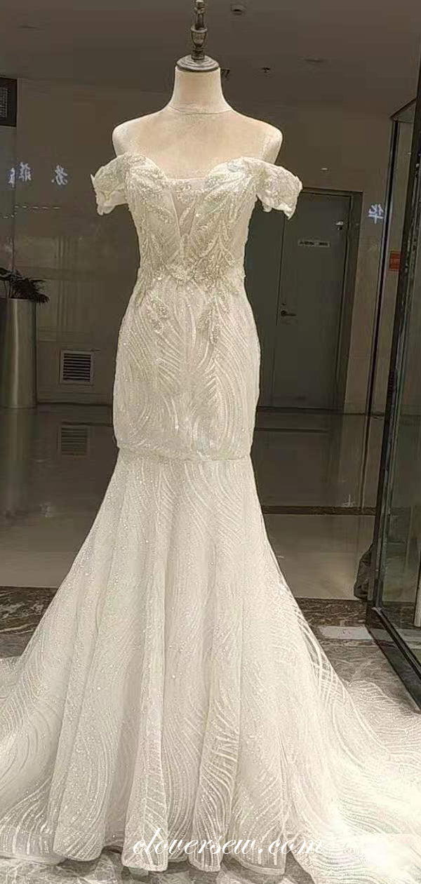 Shiny Sequined Tulle Lace Applique Off The Shoulder Mermaid Wedding Dresses,CW0086